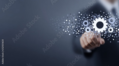 Businessman touching digital gear icons concept for innovative business process automation and industrial engineering solutions
