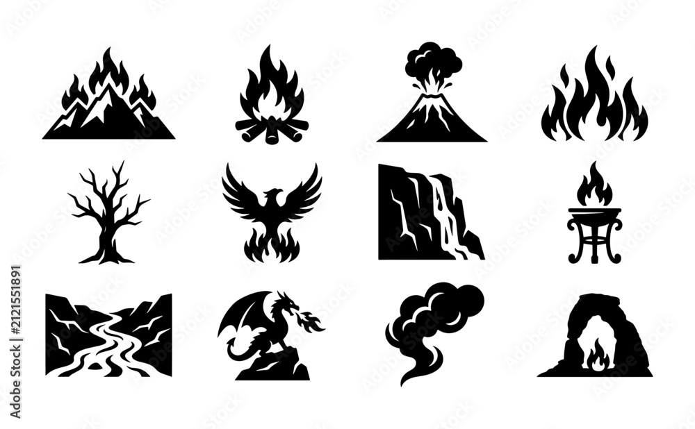 Fototapeta premium Fantasy Elements Icons Set: Fire, Volcano, Phoenix, Dragon, Tree, Waterfall, Landscape, Cave, Smoke, Mountains, Campfire, Torch