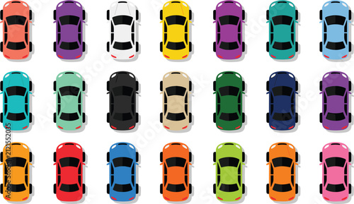 Colorful Cars Top View Vector Illustration Set - Cartoon Automobile Grid Icons Isolated