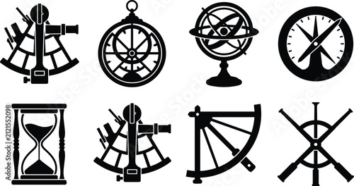 Quadro su tela Vintage celestial and nautical navigation tools vector icons set featuring sexta