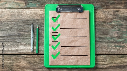 Checklist on Green Clipboard with Checkmarks and Pens on Rustic Wooden Table Surface