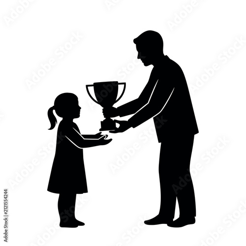 Father giving trophy to daughter silhouette.