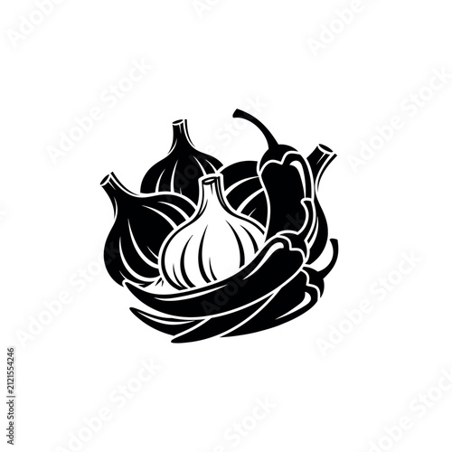 Garlic and Chili Peppers Ingredient Icon.