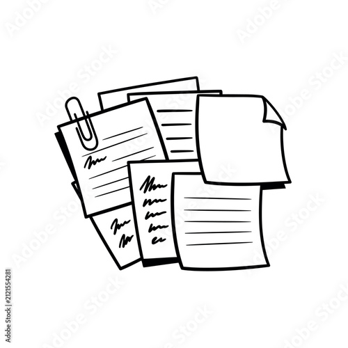Hand Drawn Sketch of Paper Notes and Documents Stacked Together.