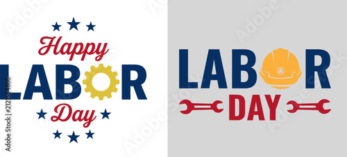 Happy labor day typography design elements with industrial tools and stars for holiday celebration and greeting cards