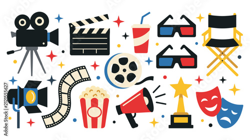 Set of cinema and movie production icons with camera clapboard popcorn and awards.