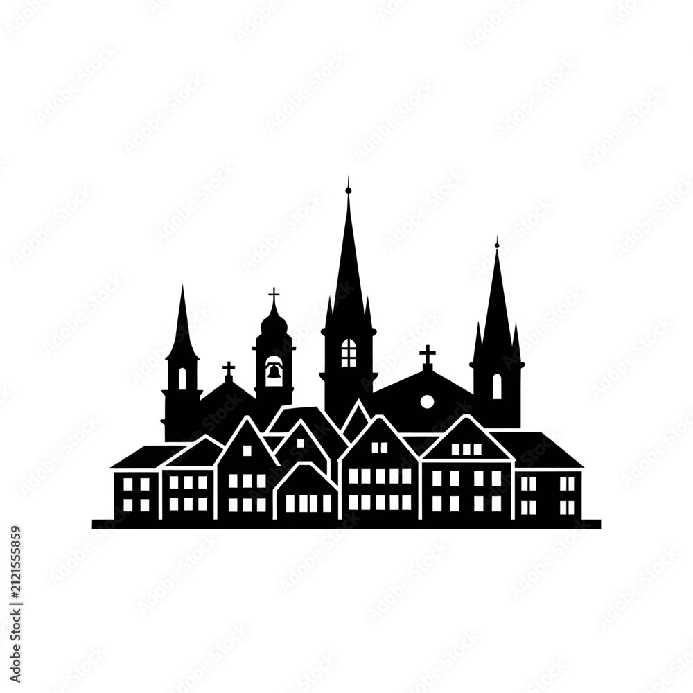 Fototapeta premium Silhouette of a European City Skyline with Churches and Buildings.