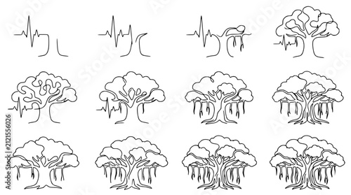 Quadro su tela Continuous Line Art: Life Cycle of a Banyan Tree from Heartbeat Pulse