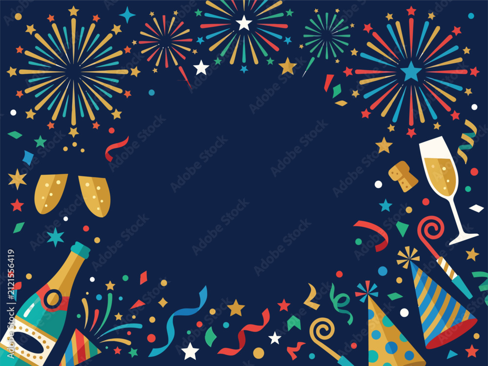 Fototapeta premium Festive new years eve party background with fireworks and champagne fireworks champagne