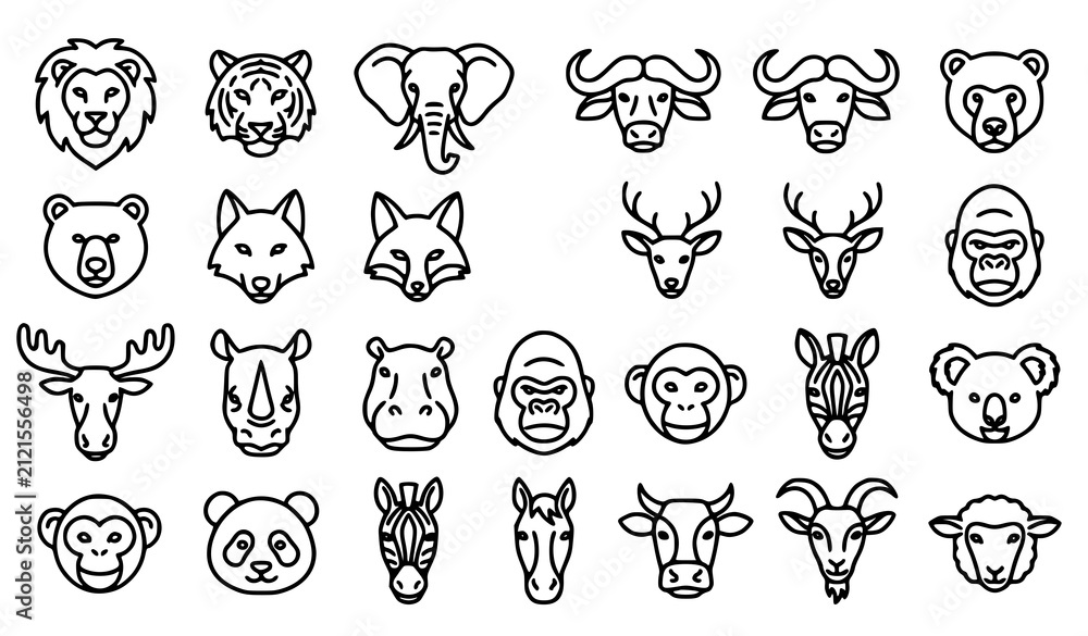 Obraz premium Animal and Wildlife Head Front View Outline Icon Set Editable Stroke Vector Collection