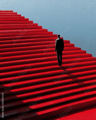 Man Walking Alone on Bold Red Steps Creating a Striking Contrast Against a Minimalist Background