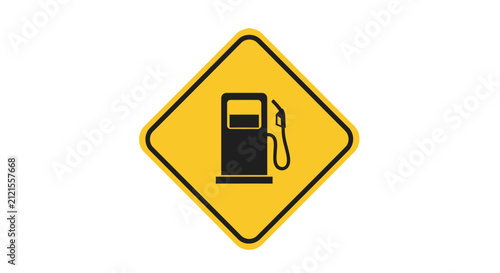 Yellow diamond road sign with a black gas pump icon indicating a nearby fuel station or gas availability ahead.