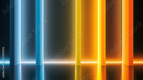 Vertical beams of cool blue and warm orange light emanate from an unseen source