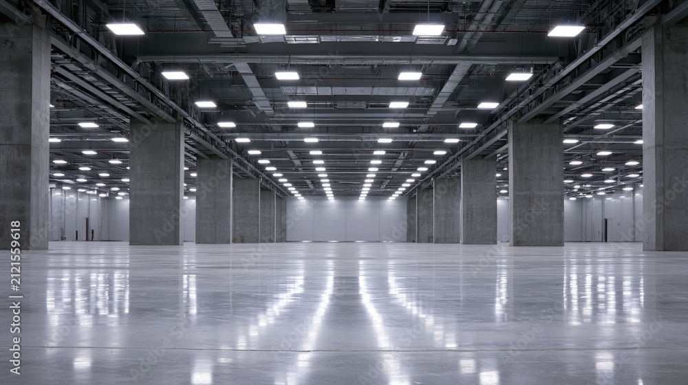 Obraz premium Vast, empty exhibition hall with polished floor and bright ceiling lights