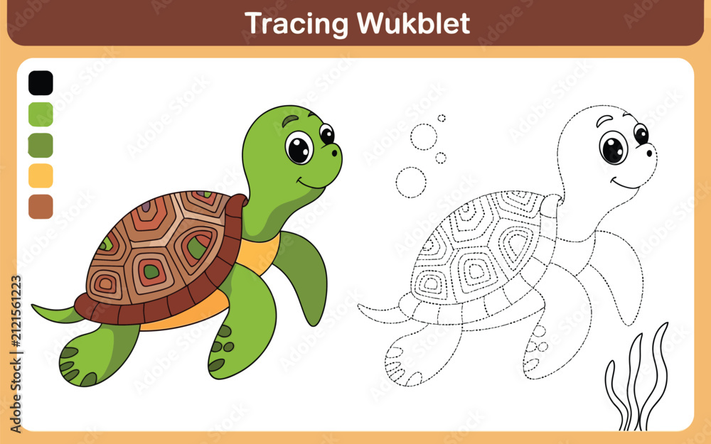 Fototapeta premium Turtle tracing and coloring educational worksheet for children with tortoise coloring worksheet preschool education learning kindergarten exercise activity practice illustration underwater