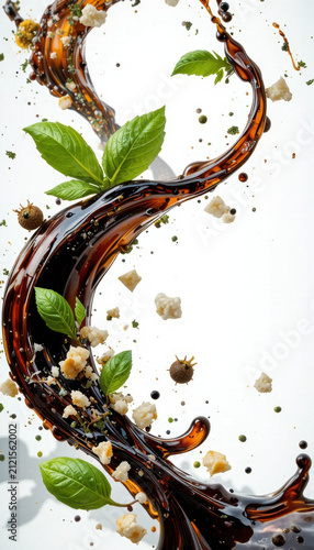 Dynamic swirl of dark liquid flows gracefully, intertwined with fresh basil leaves and scattered spices, creating artistic culinary scene that evokes sense of flavor and creativity