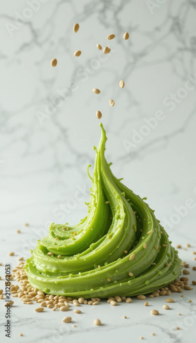 Vibrant green swirl of creamy texture topped with sesame seeds, creating artistic and appetizing display. smooth surface contrasts beautifully with marble background, evoking sense of freshness
