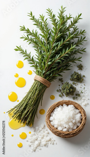 Fresh herbs, olive oil, sea salt, and spices arranged aesthetically on white background create vibrant culinary scene, evoking sense of freshness and flavor