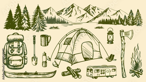 Quadro su tela detailed collection of camping gear and scenic landscape in sketch style tent ba