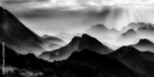 Mountain with halftone stipple effect, for grunge punk y2k collage design. Brutalist noisy retro photocopy background with mound. Vector illustration for vintage banner, music poster