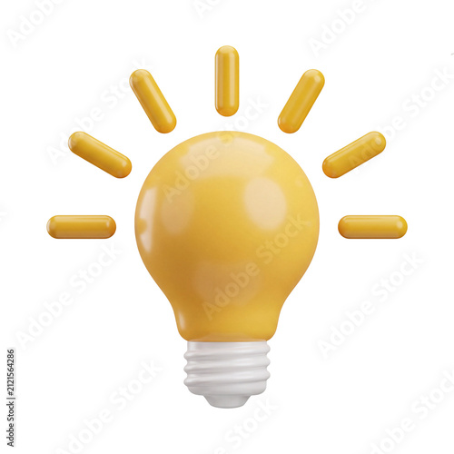 Yellow light bulb icon with glowing rays rendered in glossy 3d style for creative idea business solution innovation concept on transparent background