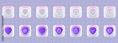 Modern glassmorphism shield icons in white and purple, featuring security, protection, privacy, trust, and approval symbols. Perfect for UIUX design with editable stroke vector elements.