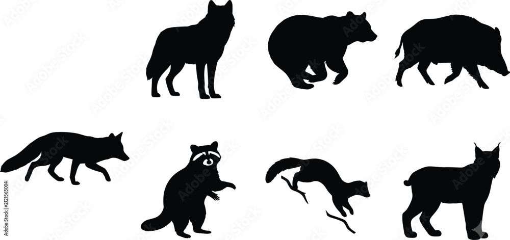 Obraz premium Wild Animal Silhouette Icons of Forest Mammals and Wildlife Species Vector Illustration Set