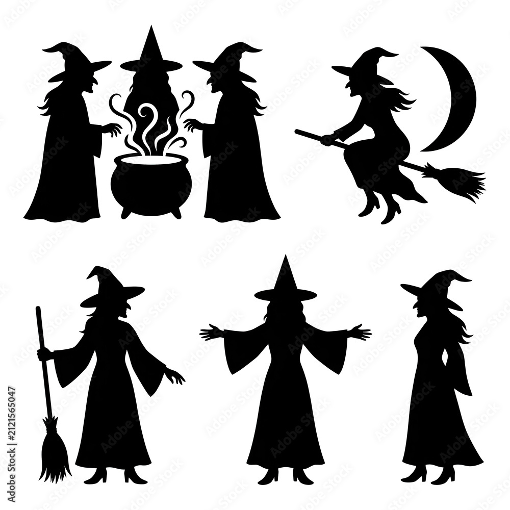 Fototapeta premium Set of black witch silhouettes including potions and broomsticks isolated on transparent background