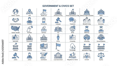 Government and civics icons set for educational materials and websites