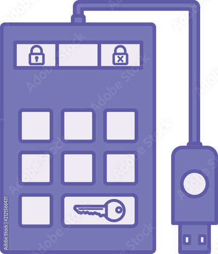 Purple Encrypted Hard Drive Icon. A Drive With all Files Converted Into a Complex Secret Code Using Mathematical Rules. Lock, Key, and USB. Digital Forensics and Cyber ​​Detective Concept