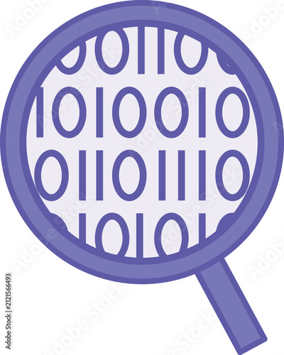 Purple Magnifying Glass with Code Icon. Vector Illustration. Code Analysis in Programming. Error Detection, Security Audit. Digital Forensics and Cyber ​​Detective Concept