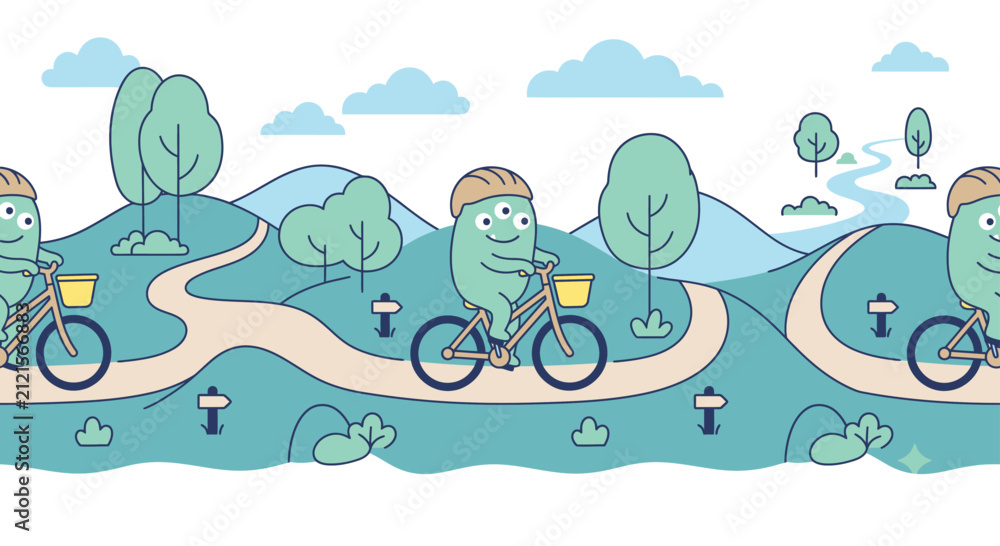 Naklejka premium Cute cartoon characters riding bicycles on a winding path.