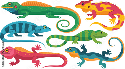 Bild auf Leinwand Colorful Lizard and Reptile Vector Icon Set Featuring Chameleon Iguana Gecko and