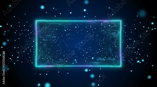 Rectangular blue neon frame with digital data and floating particles on a dark background, abstract technology interface