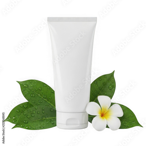 White herbal cream tube with mint leaves and flower isolated on transparent background