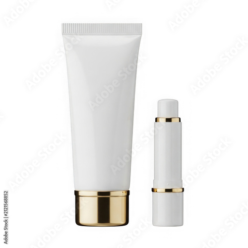 White tube and rollerball lip balm on clean surface isolated on transparent background
