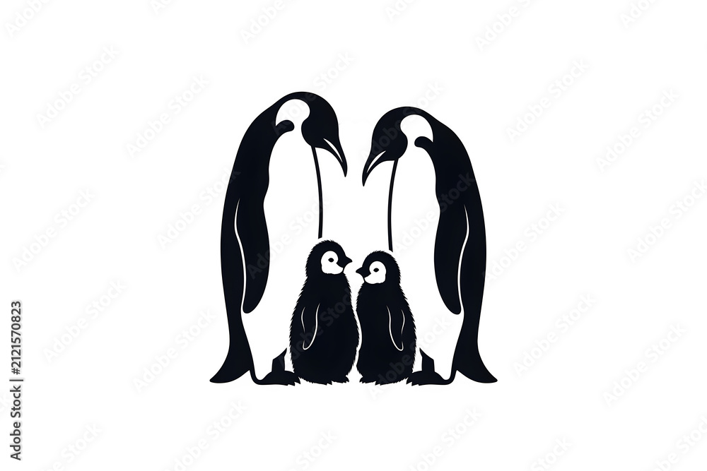Obraz premium Penguin Family with Chicks Silhouette - Adult Penguins and Baby Chicks Illustration