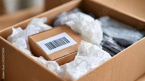 A cardboard shipping box filled with crumpled white packing paper and a smaller labeled package inside