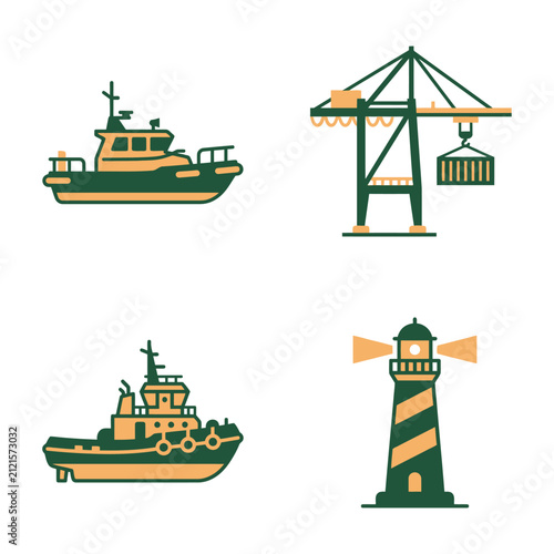 Lighthouse and boats with crane.