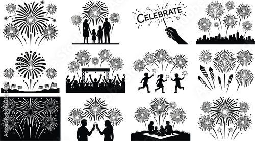 Quadro su tela Set of black silhouette featuring fireworks celebratory crowds, families watchin