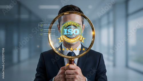Businessman Holding Magnifying Glass Over ISO Certified Quality Assurance Badge Representing Audit And Compliance