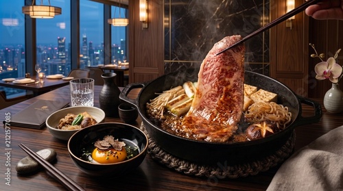 Sizzling marbled A5 Wagyu beef sukiyaki in cast iron pan with truffle egg yolk on luxury dark dining table