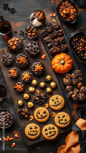 halloween themed snack board with pumpkin cookies candy and festive spooky party food styling for seasonal celebration concepts