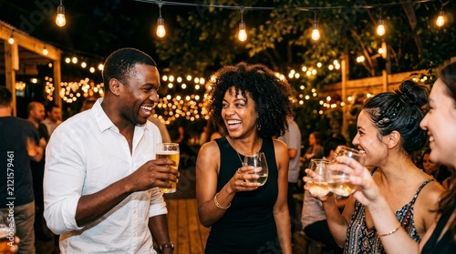 Diverse Friends Laughing and Toasting at Outdoor Evening Party