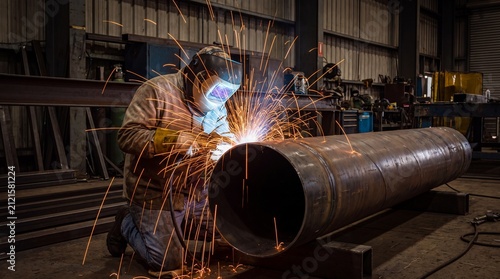 Industrial Welder Working on Metal Pipe in Workshop with Bright Sparks