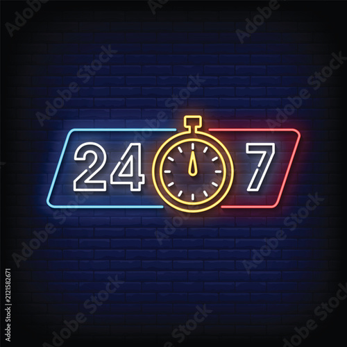 24/7 Service Neon Sign with Stopwatch Icon on Brick Wall