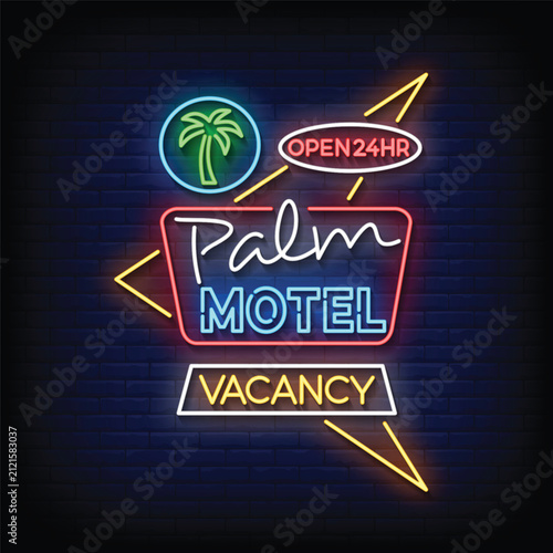 Palm Motel Neon Sign with Palm Tree and Vacancy Board