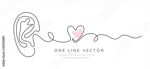 Continuous one line drawing of Ear with heart. Hand drawn one line vector. Editable stroke