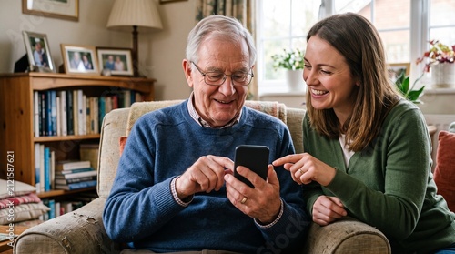 Elderly man and younger woman smiling while looking at a smartphone together in a cozy living room