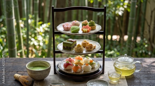 Luxury Japanese afternoon tea set with wagashi and temari sushi on wooden stand near bamboo garden